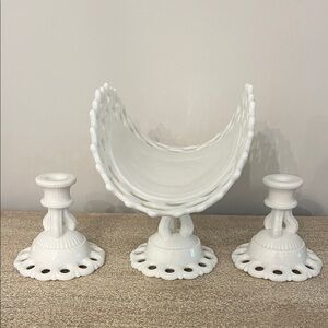 Vintage Westmoreland milk glass Doric open lace lattice fruit & candlestick set
